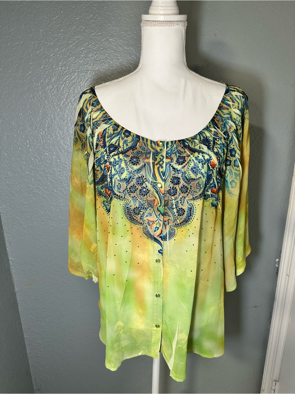 S-Twelve Green and Blue Paisley-Print Button Front Blouse